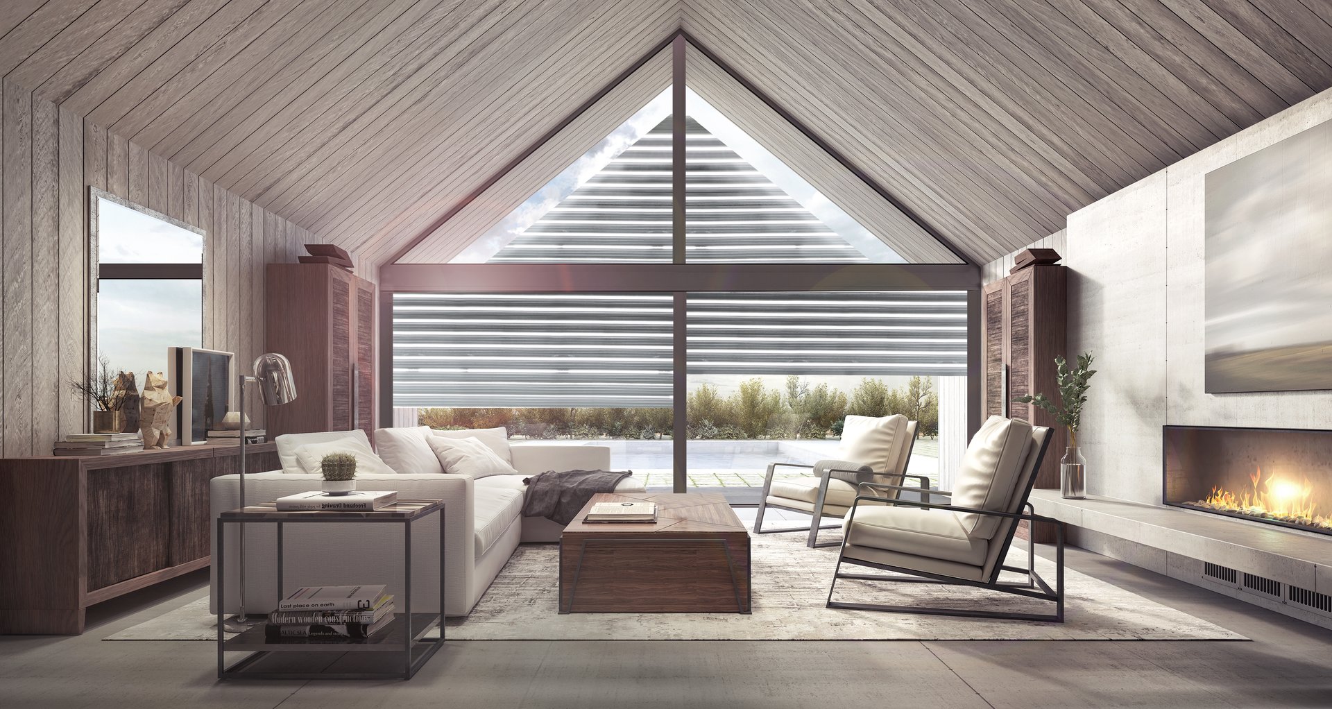Wohnzimmer mit Sofa und Schrägrollladen