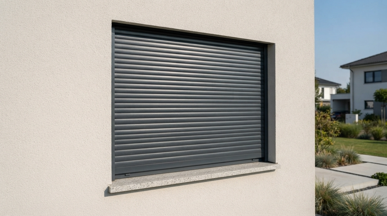 Neuer, passgenau geschlossener Aluminium-Rollladen in dunklem Anthrazit an einem modernen Wohnhaus.