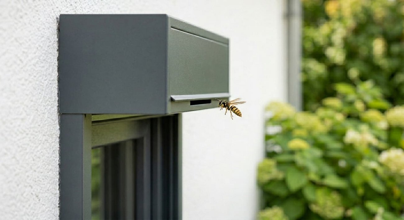Eine Wespe fliegt im Sommer direkt in den Einlassschlitz eines modernen, anthrazitfarbenen Vorbaurollladenkastens.