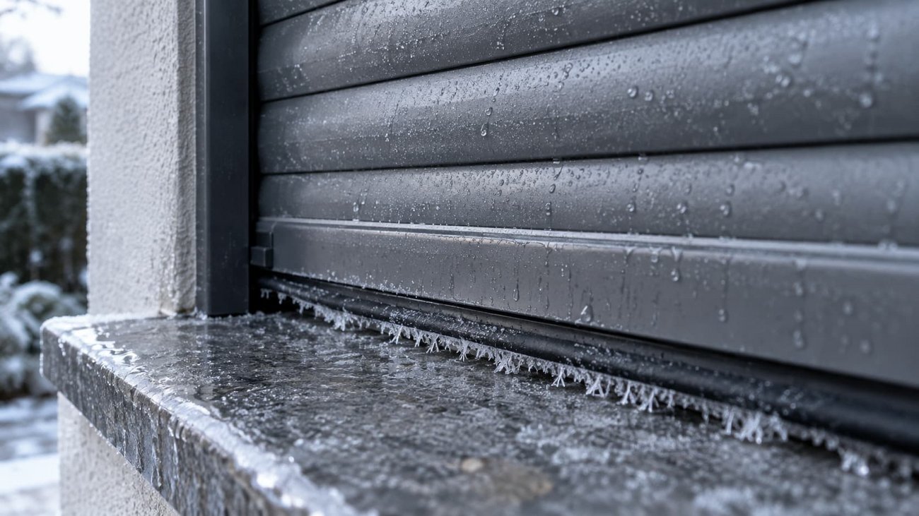 Nahaufnahme der unteren Abschlussleiste eines anthrazitfarbenen Rollladens, die mit feinen Eiskristallen an einer nassen Stein-Fensterbank festgefroren ist.