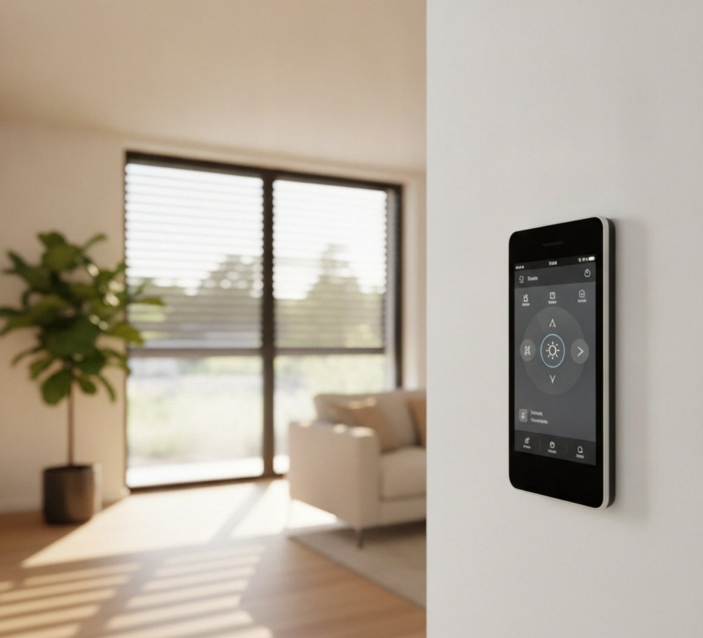 Ein moderner, an der Wand montierter Smart-Home-Regler zur automatischen, lichtabhängigen Steuerung von Rollladen.