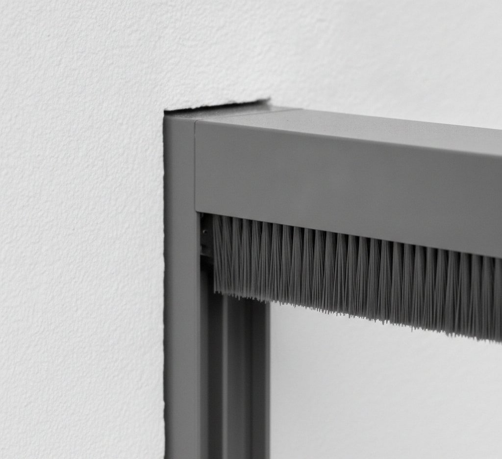 Nahaufnahme einer modernen Rollladen-Führungsschiene aus Aluminium mit dichten, dämpfenden Bürstendichtungen.