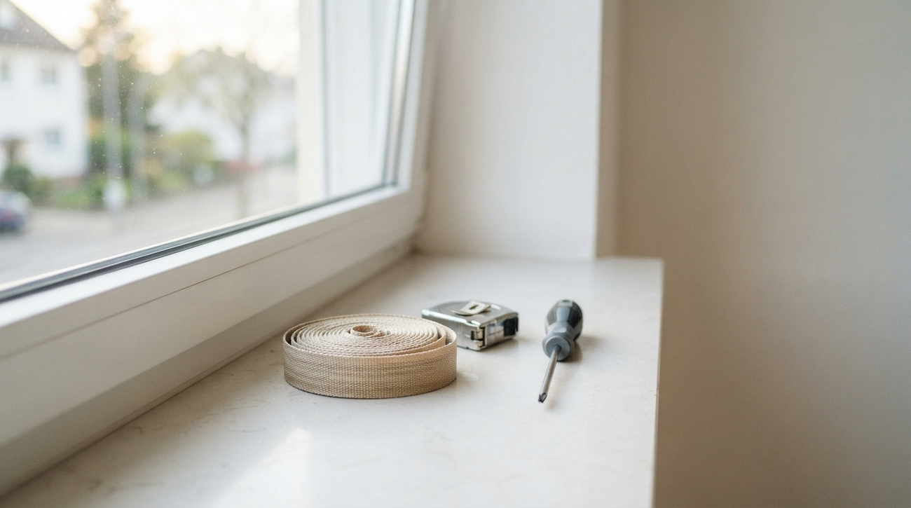 Aufgerolltes Rollladengurtband, Maßband und Schraubendreher auf einer weißen Fensterbank für die Reparatur.