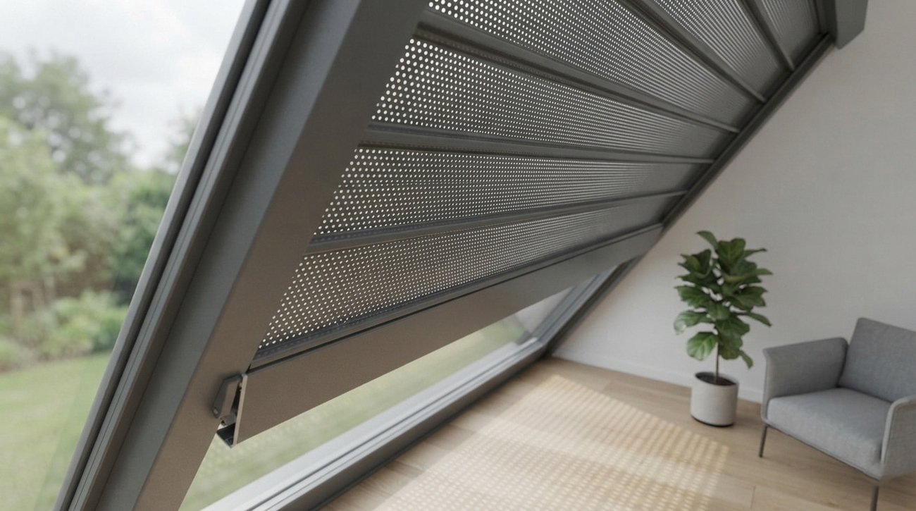 Innenansicht eines Schanz Dachfensterrollladens mit gelochten Aluminium-Lamellen für natürliche Lichtregulierung.