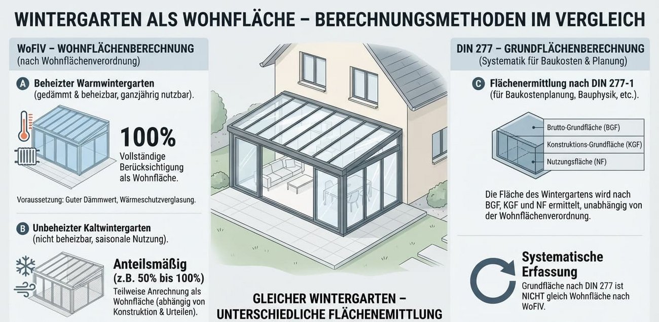 Infografik zur Wohnflächenberechnung eines Wintergartens im Vergleich zwischen Wohnflächenverordnung (WoFlV) und DIN 277.