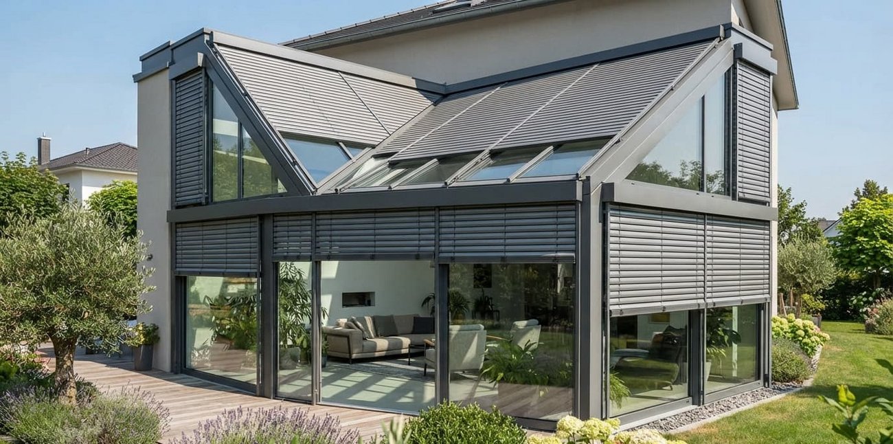 Moderner Wohnwintergarten mit anthrazitfarbenen Schanz Schrägrollladen Studio Star auf den schrägen Glasflächen und Giebelfenstern.