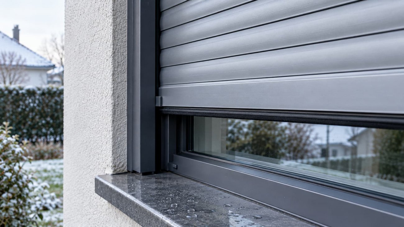 Nahaufnahme der intakten Gummilippe und sauberen Aluminium-Führungsschiene eines leicht geöffneten Rollladens auf einer nassen Fensterbank.