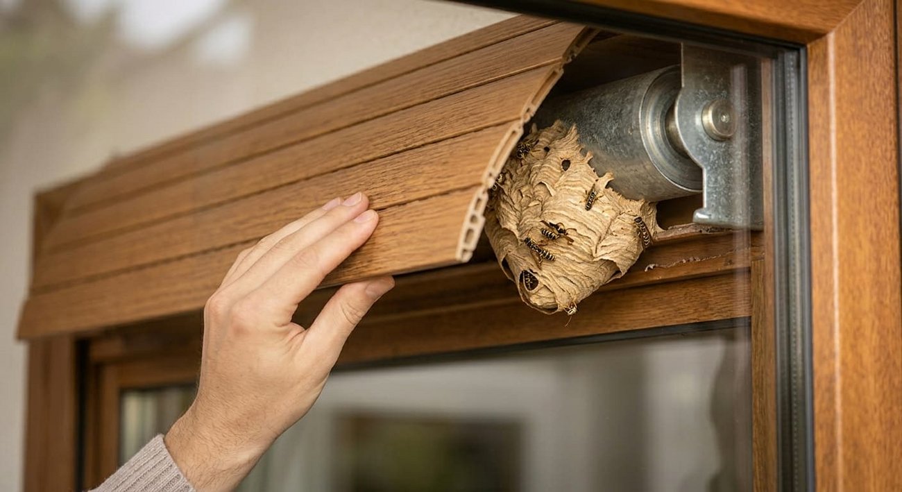 Ein aktives, papierartiges Wespennest gebaut um die mechanische Welle in einem geöffneten Rollladenkasten in Holzoptik.