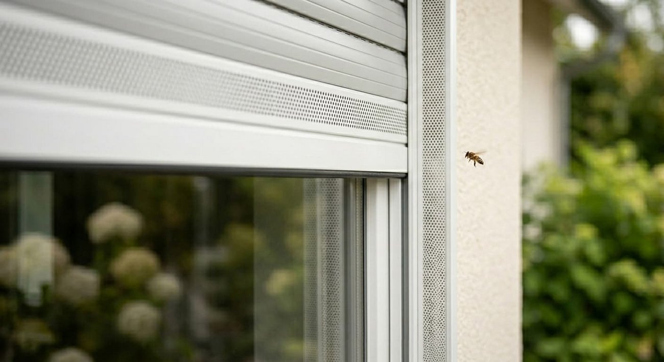 Ein weißer Schanz Aluminium-Rollladen mit perforiertem Select-Profil zur Belüftung und Insektenabwehr mit einer anfliegenden Biene nahe der Führungsschiene.