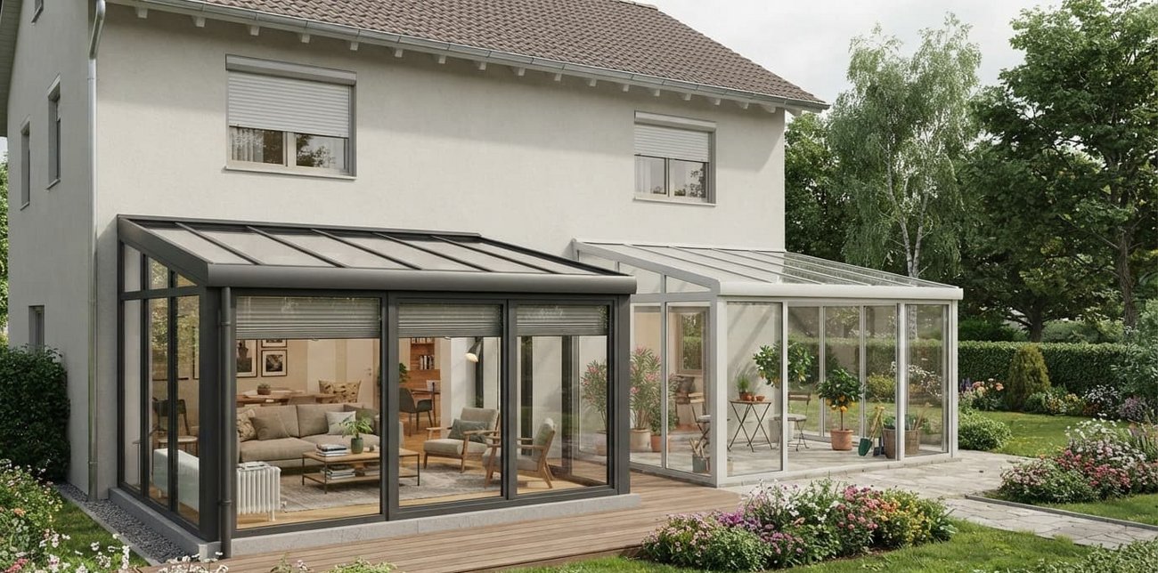 Direkter Vergleich zwischen einem beheizten Warmwintergarten mit Wohnzimmer-Einrichtung (links) und einem unbeheizten Kaltwintergarten für Pflanzen (rechts).