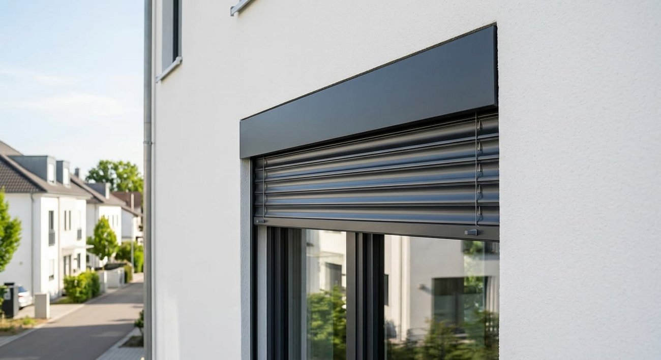 Ein moderner, anthrazitfarbener Außenraffstore mit flachen Aluminium-Lamellen und flachem Kasten an einer weißen Putzfassade.