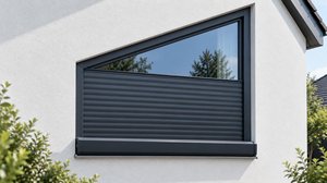 Schrägrollladen für ein asymmetrisches Trapezfenster mit bodenseitigem Kasten und Antrieb von unten nach oben.