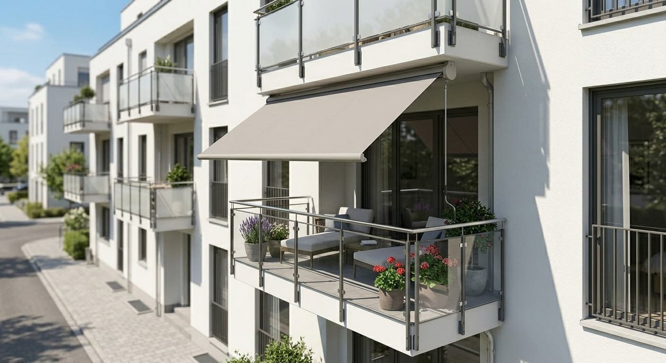 Ausgefahrene beige-graue Gelenkarmmarkise auf dem Balkon einer modernen, weiß verputzten Mietwohnung als optisch harmonischer Sonnenschutz.